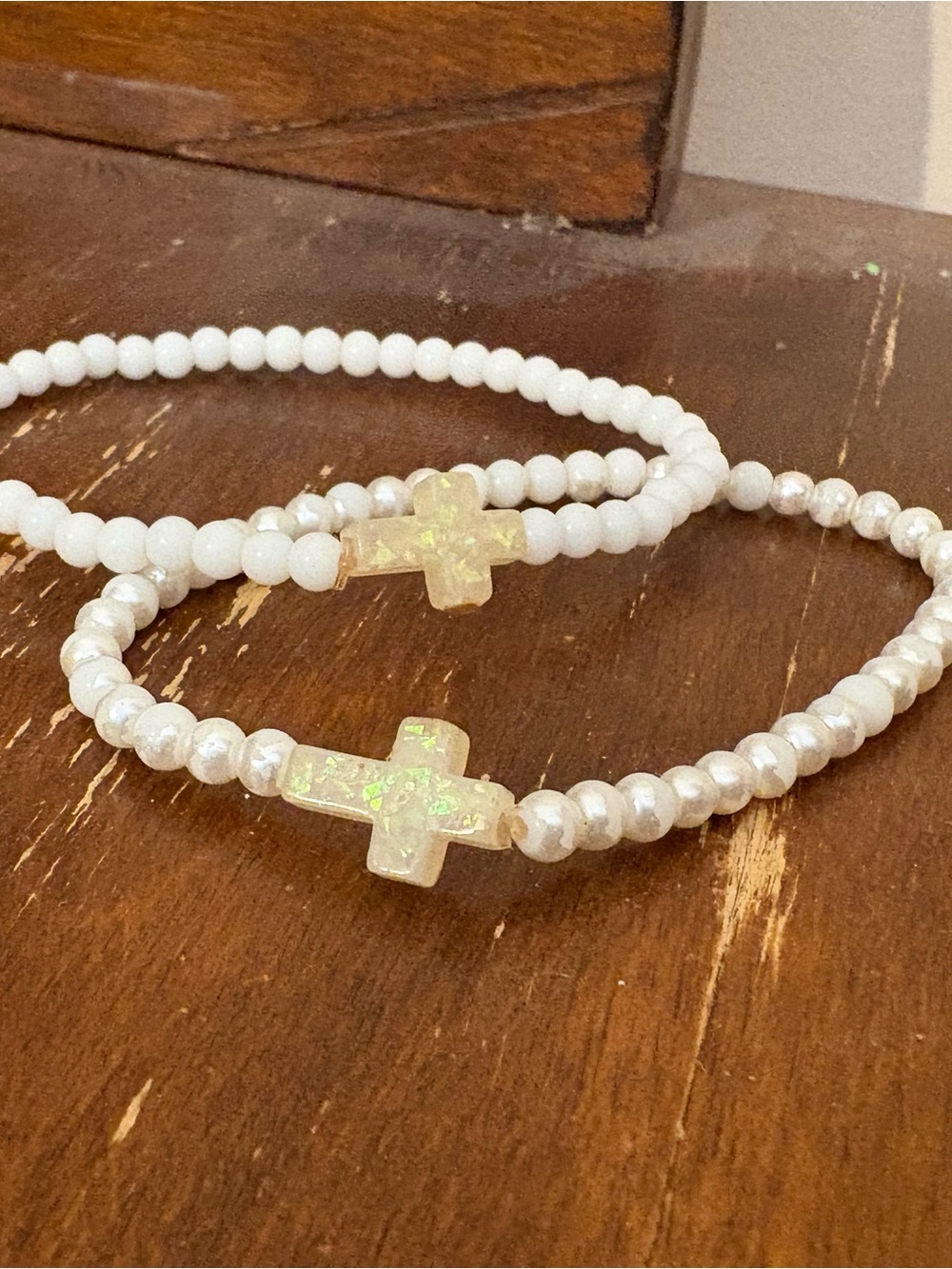 Two White Cross Beaded Stretch Bracelets -Women Jewelry Layer Friendship